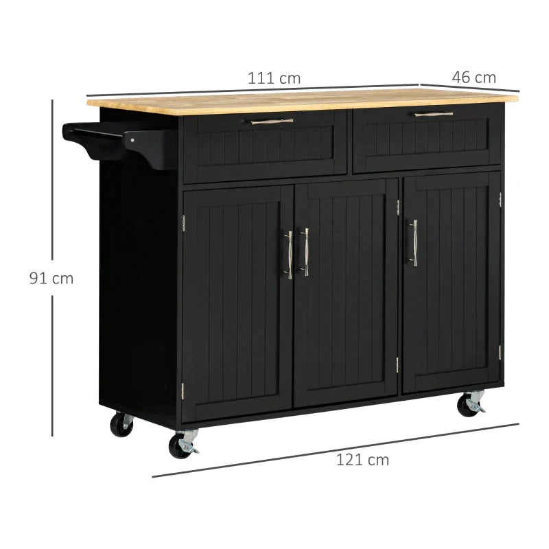 VERA | Wooden Kitchen Trolley with 2 Drawers, 3 Door Cabinet and 4 Wheels, 121x46x91cm, Black - Borgè