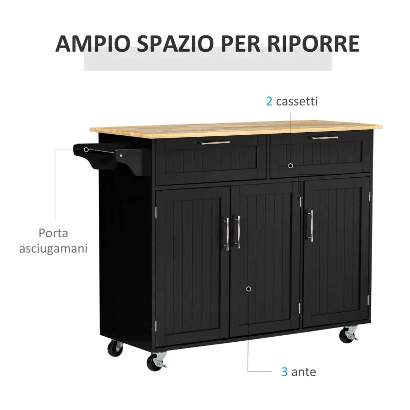 VERA | Wooden Kitchen Trolley with 2 Drawers, 3 Door Cabinet and 4 Wheels, 121x46x91cm, Black - Borgè