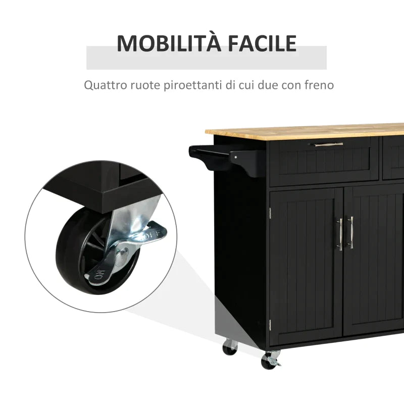 VERA | Wooden Kitchen Trolley with 2 Drawers, 3 Door Cabinet and 4 Wheels, 121x46x91cm, Black - Borgè