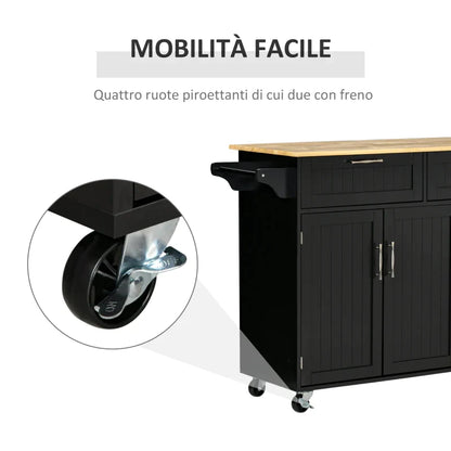 VERA | Wooden Kitchen Trolley with 2 Drawers, 3 Door Cabinet and 4 Wheels, 121x46x91cm, Black - Borgè