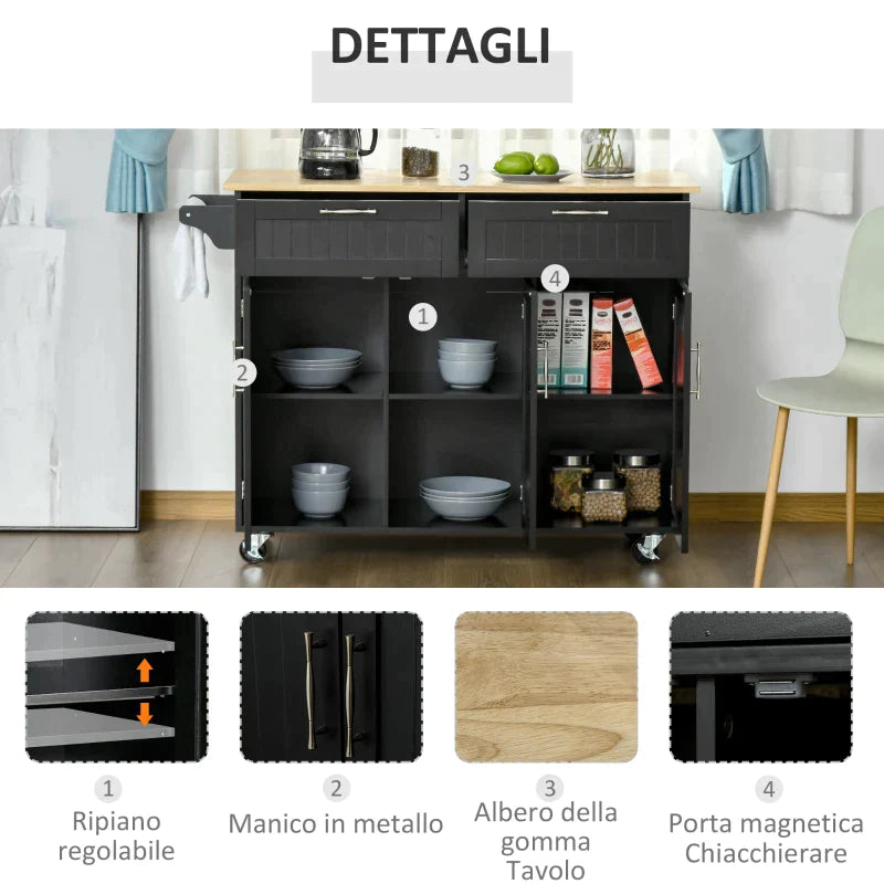 VERA | Wooden Kitchen Trolley with 2 Drawers, 3 Door Cabinet and 4 Wheels, 121x46x91cm, Black - Borgè