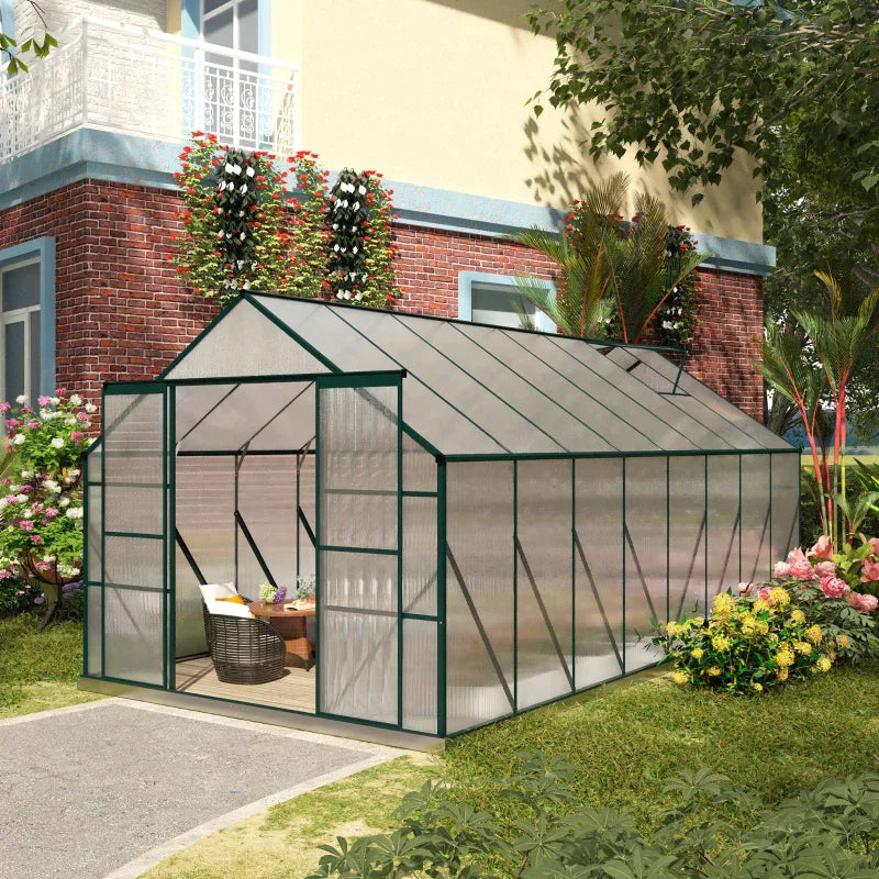 Outsunny Garden Greenhouse in Polycarbonate, Metal and Aluminum, Anti-UV and Windproof, 244x500x216cm, Green - Borgè