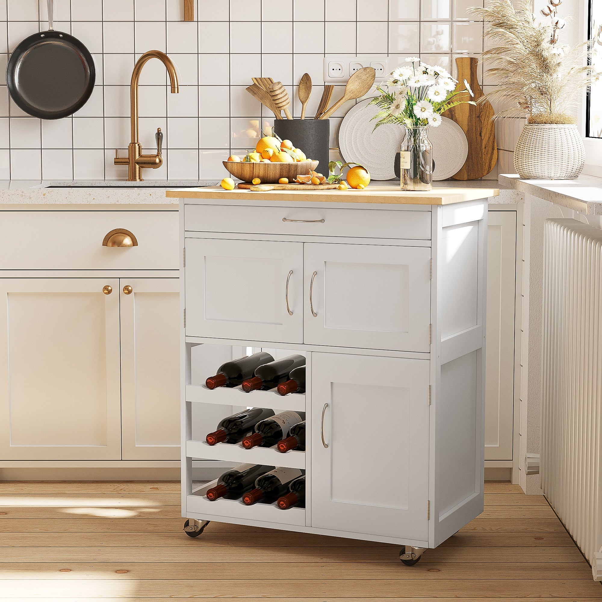 Cart Wine Kitchen Cart Wood Kitchen With Bottle holder 1 drawer and 3 Antine, 67x37x87cm - Borgè