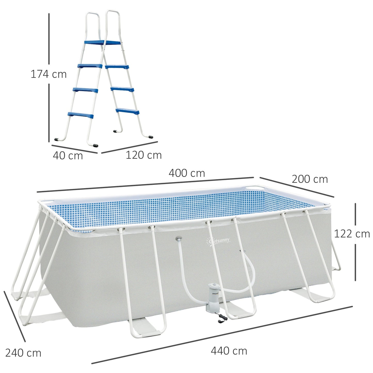 Outsunny Rectangular Southern Pool With Filter Pump and Scaletta, 440x240x122cm - Borgè