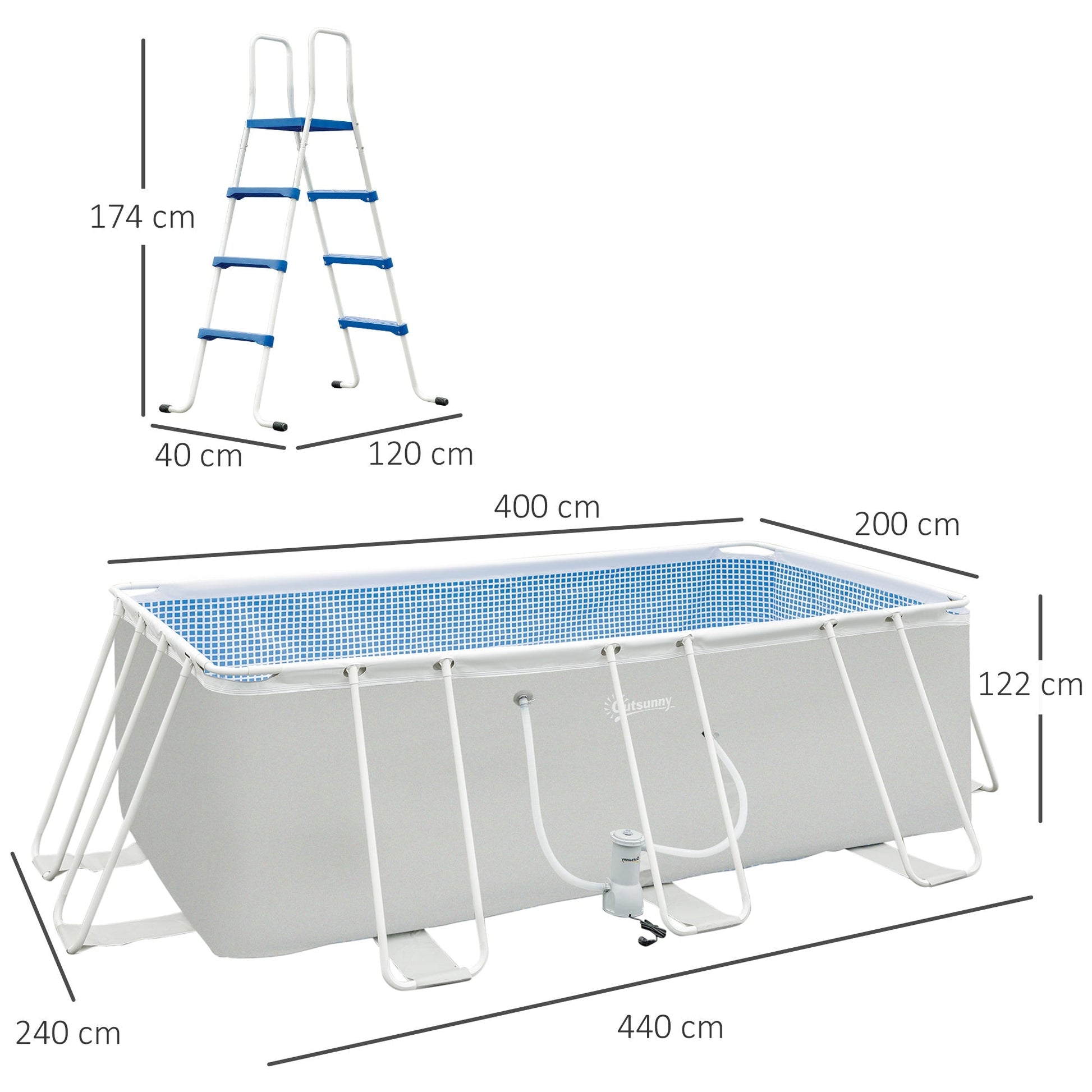 Outsunny Rectangular Southern Pool With Filter Pump and Scaletta, 440x240x122cm - Borgè