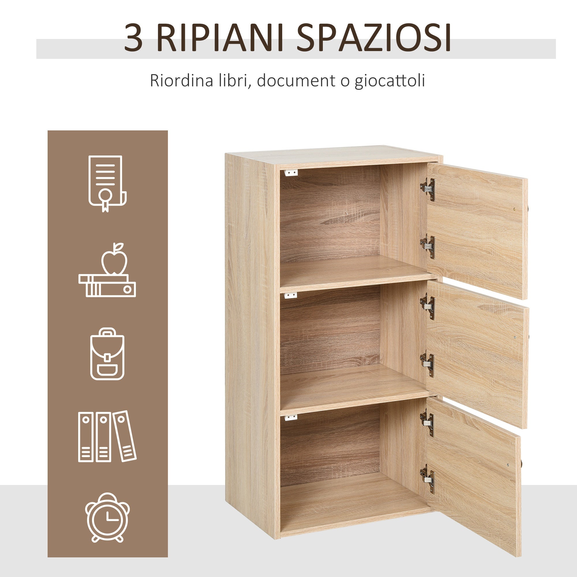 Multiuse cabinet with 3 wooden shelves and 3 doors for home or office 48 x 34 x 100cm - Borgè