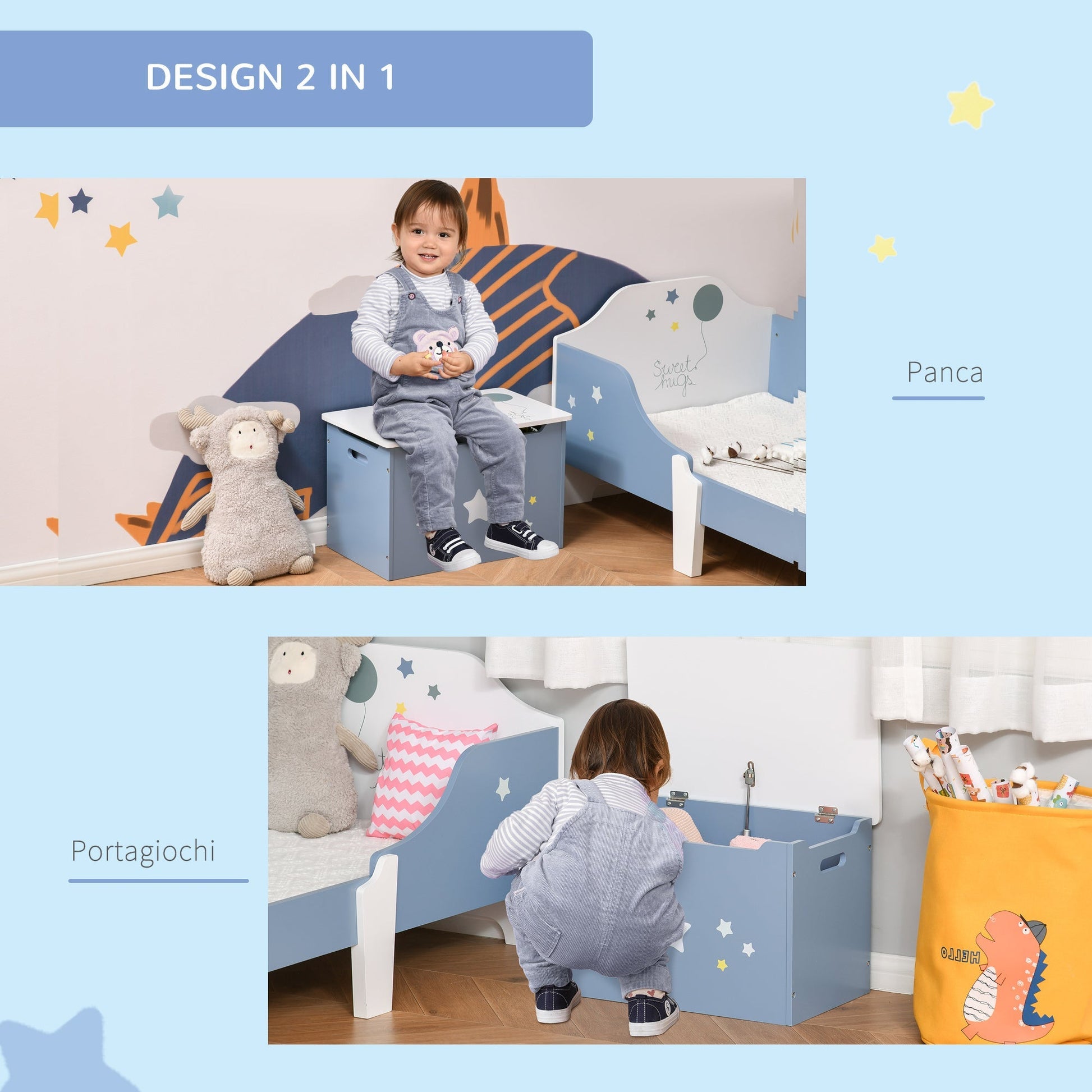 Store Bench zblue with white stars wooden bench with storage space for childrens room - Borgè