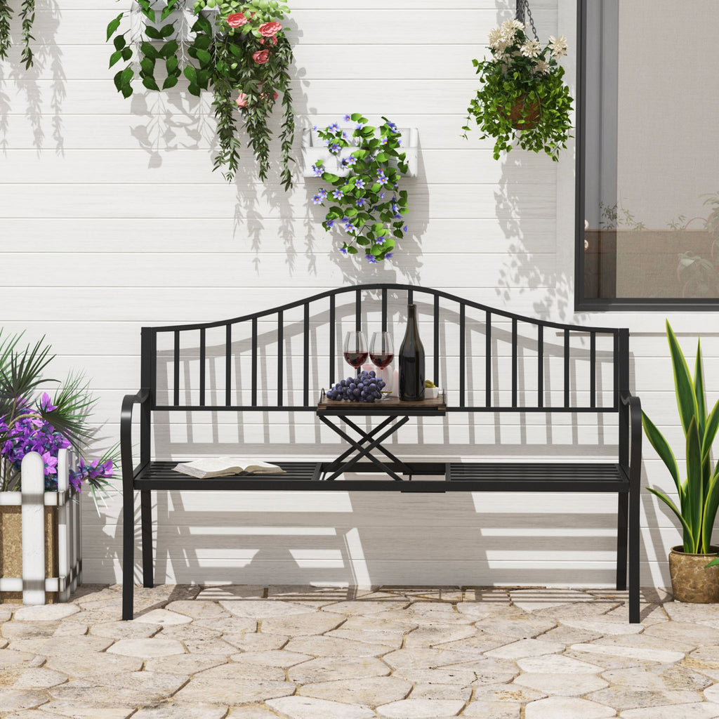 2-Seater Outdoor Bench, Garden Bench with Extendable Metal Table 150 x 53 x 95 cm Black - Borge' Group Limited