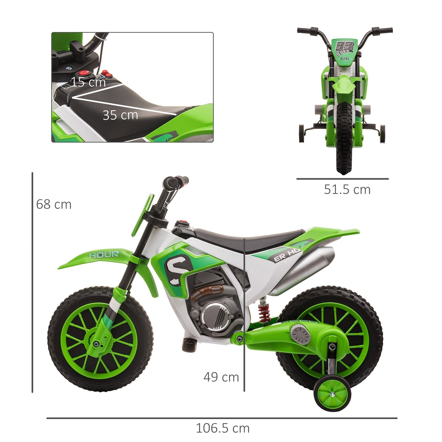 electric cross motorcycle for children for 3-5 years, rechargeable 12V battery and removable wheel, 106.5x51.5x68cm, green - Borgè