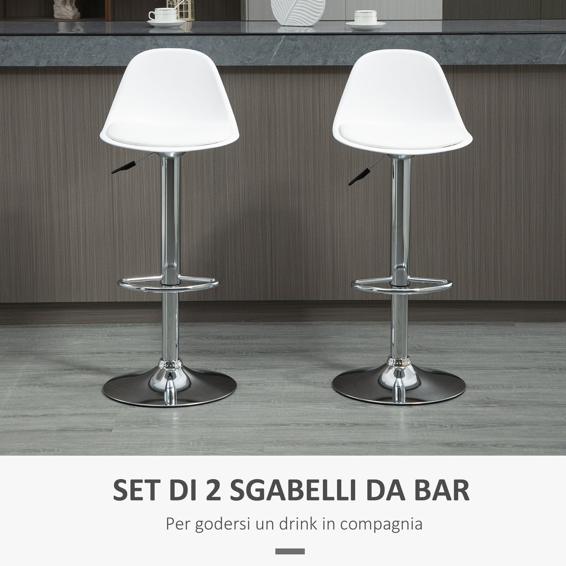 Set 2 swivel bar stools with backrest, footrest and adjustable height, 40x42x82-104cm, white - Borgè