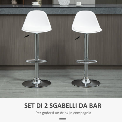 Set 2 swivel bar stools with backrest, footrest and adjustable height, 40x42x82-104cm, white - Borgè