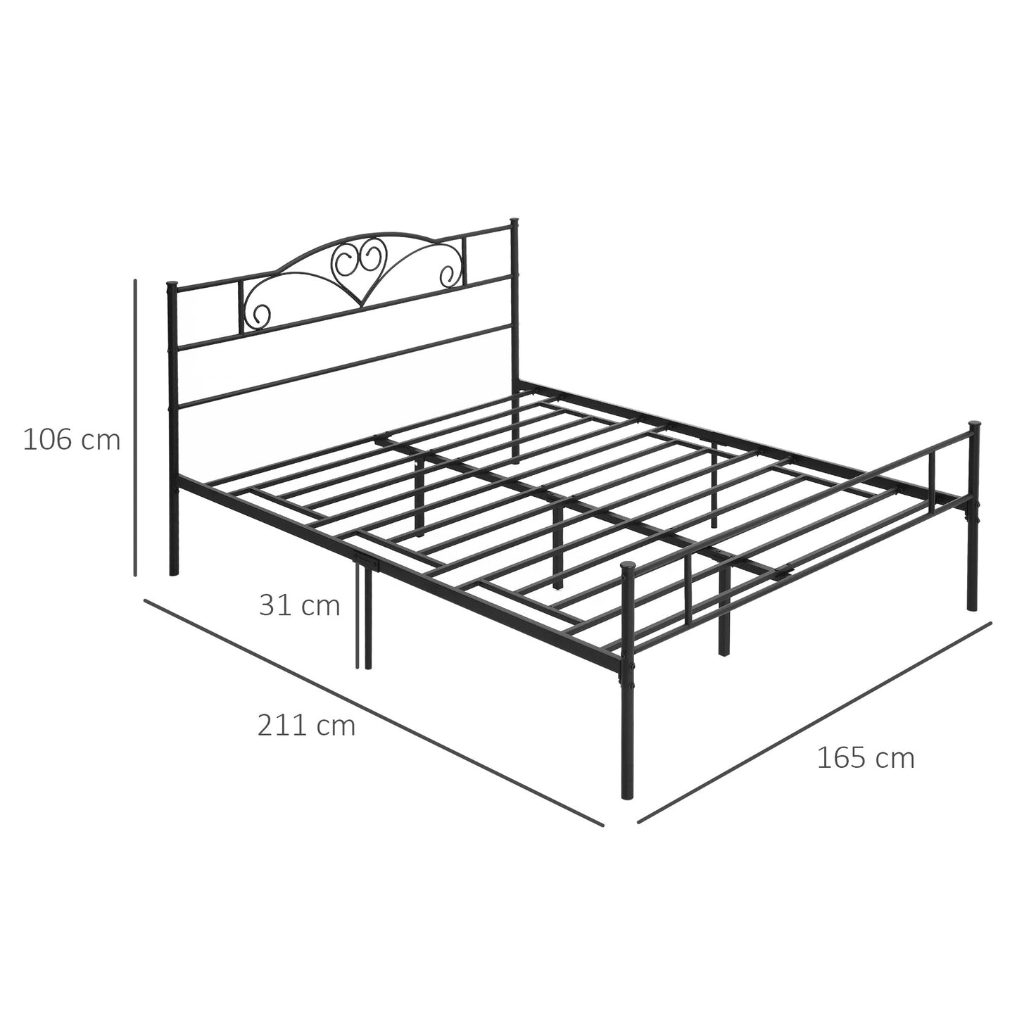 Black Double Bed in Metal/Steel with slats, headboard and footboard | 160x200cm