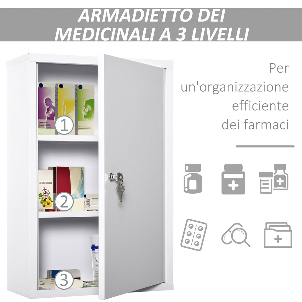 Kleankin 3 -level medicinal cabinet in steel with 2 keys and wall assembly, 40x18x60 cm, white - Borgè