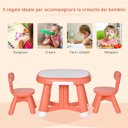 set table with 2 children's chairs and work surface with white blackboard