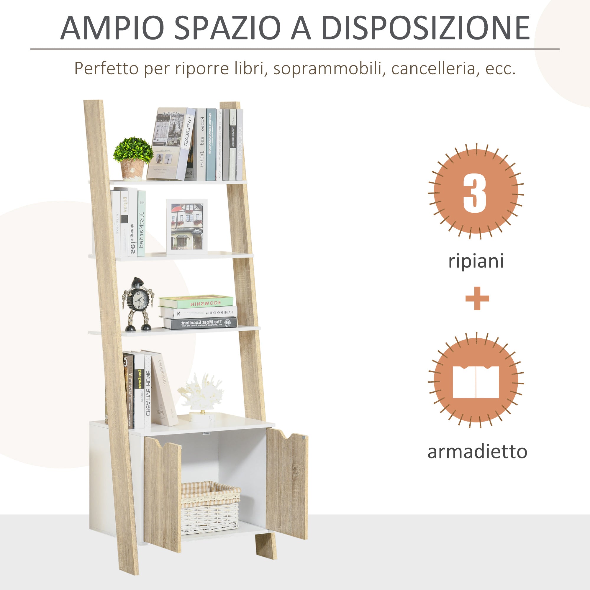 Mobile Library in Scala with 3 shelves and locker, modern Nordic wooden style shelf, 60x40x171cm, oak and white - Borgè