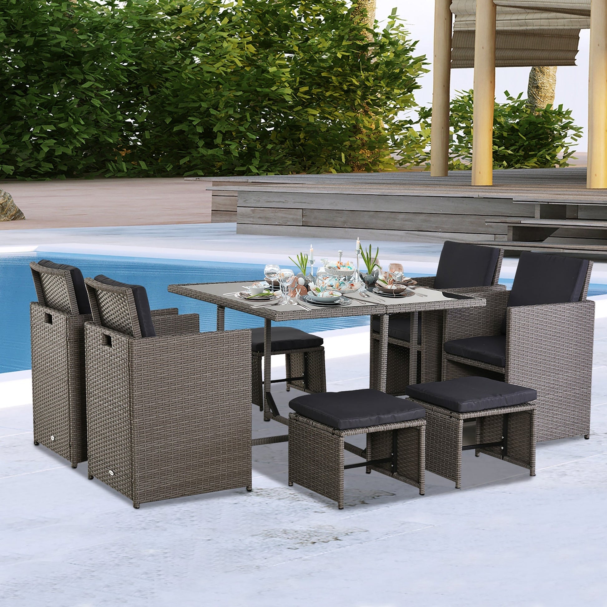 GEMINI | Rattan Garden Table with 8 Seater Chairs (x4 Armchairs X4 Stools) - Borgè