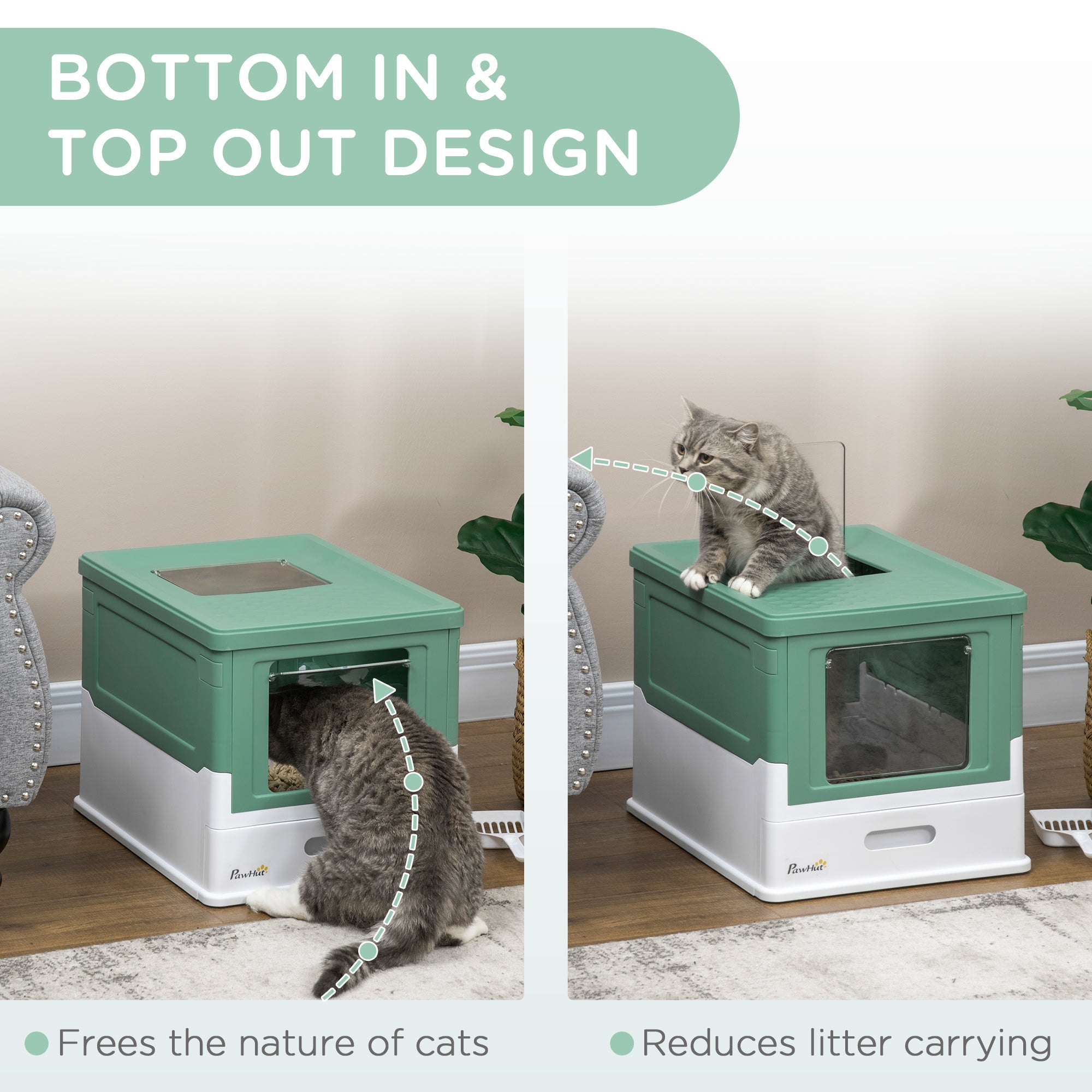 Enclosed Cat Litter Box with Scoop, Removable Tray and 2 Doors, 47.5x35. 5x36.7cm, Green - Borge' Group Limited