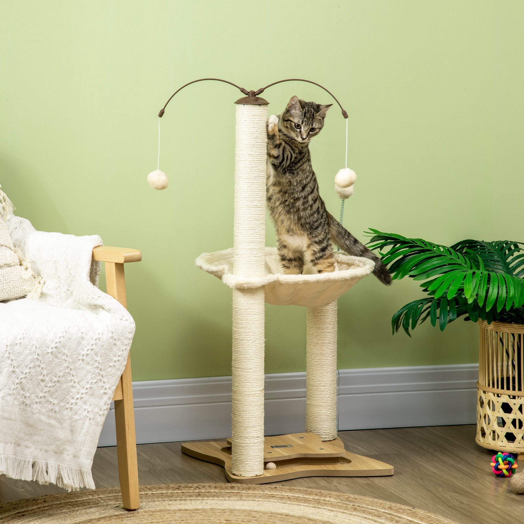 Cat Tree Scratching Post for Cats max 5kg with Hammock, Play Balls and Sisal Posts, 53.5x53. 5x90 cm, Beige - Borge' Group Limited