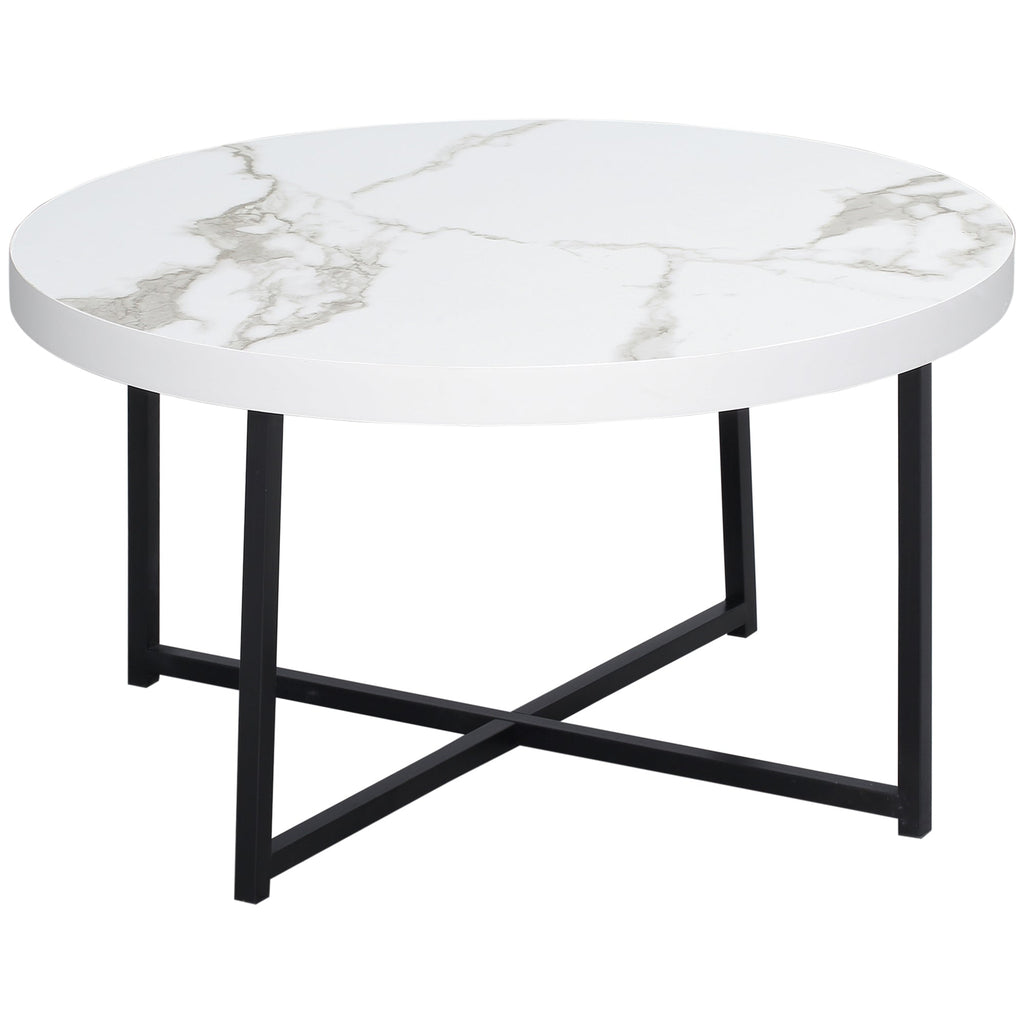 Round coffee coffee table with marble effect in mdf and metal legs, φ80x45 cm, white - Borgè
