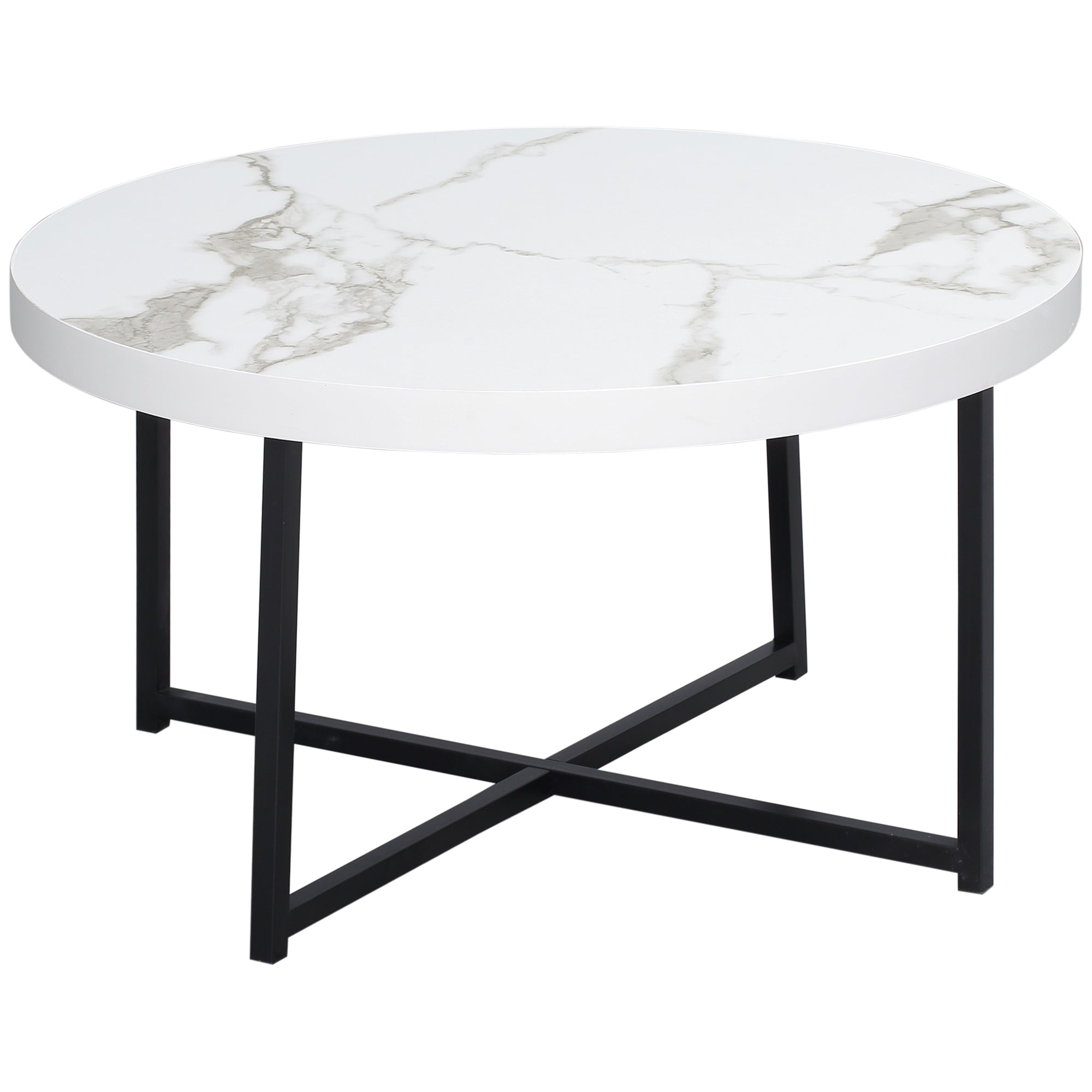 Round coffee coffee table with marble effect in mdf and metal legs, φ80x45 cm, white - Borgè