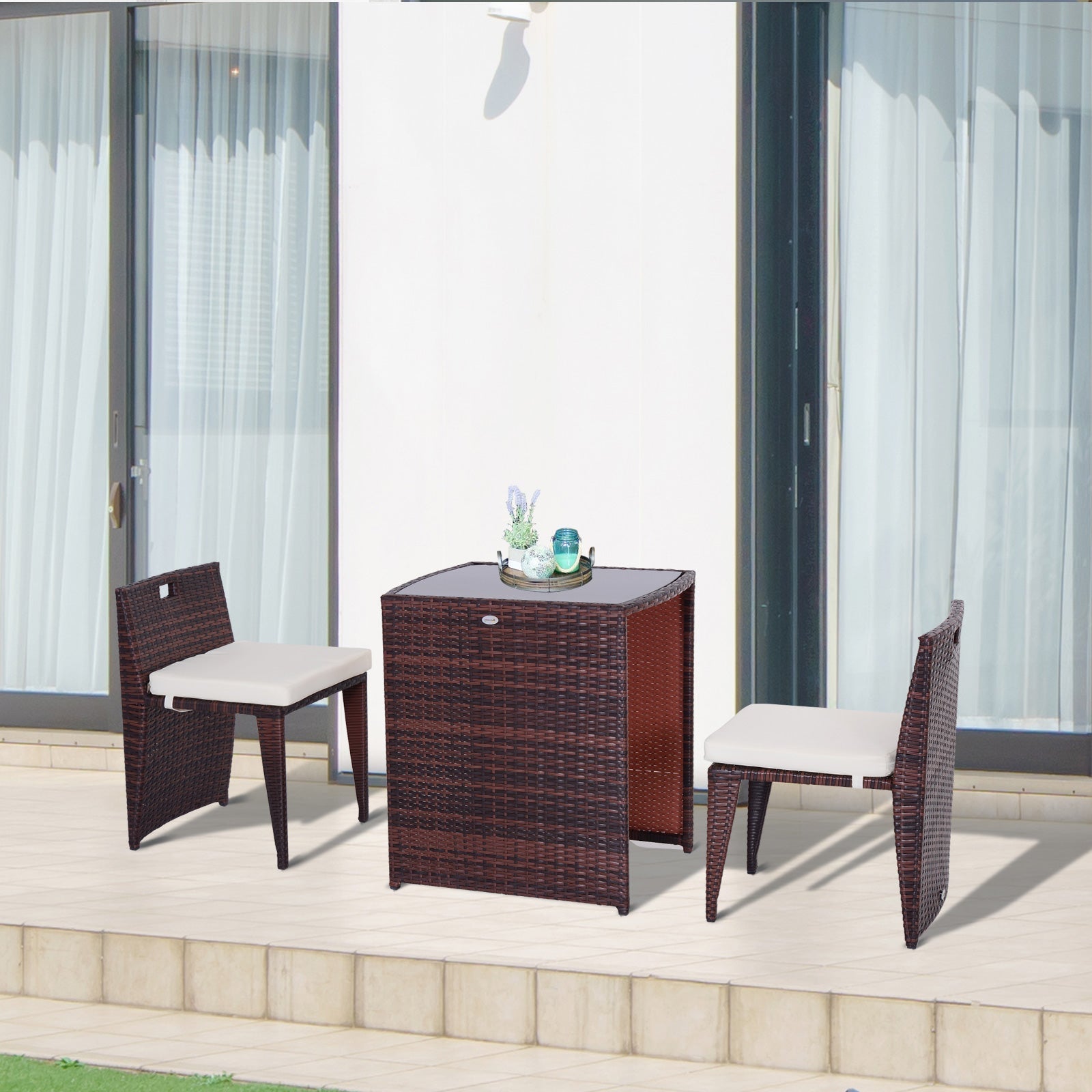 2-Piece Space-Saving Rattan Garden Furniture Set with 1 Table and 2 Chairs with Cushions, Brown and Beige - Borge' Group Limited