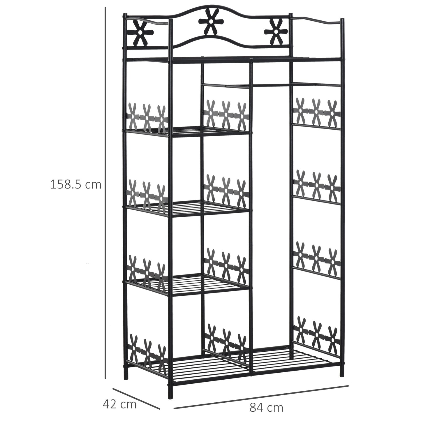 closet wardrobe hanger with 5 shelves and 2 curtains, 84 x 42 x 158.5cm, in black metal with flower decorations