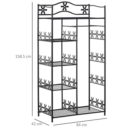 closet wardrobe hanger with 5 shelves and 2 curtains, 84 x 42 x 158.5cm, in black metal with flower decorations