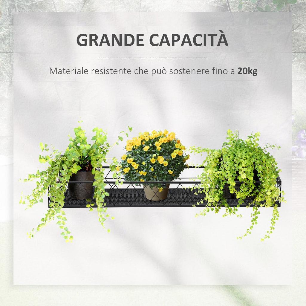 Outdoor Planter Pot Holder with Hooks for Balcony Railing in Metal, 100x31x12cm, Black - Borge' Group Limited