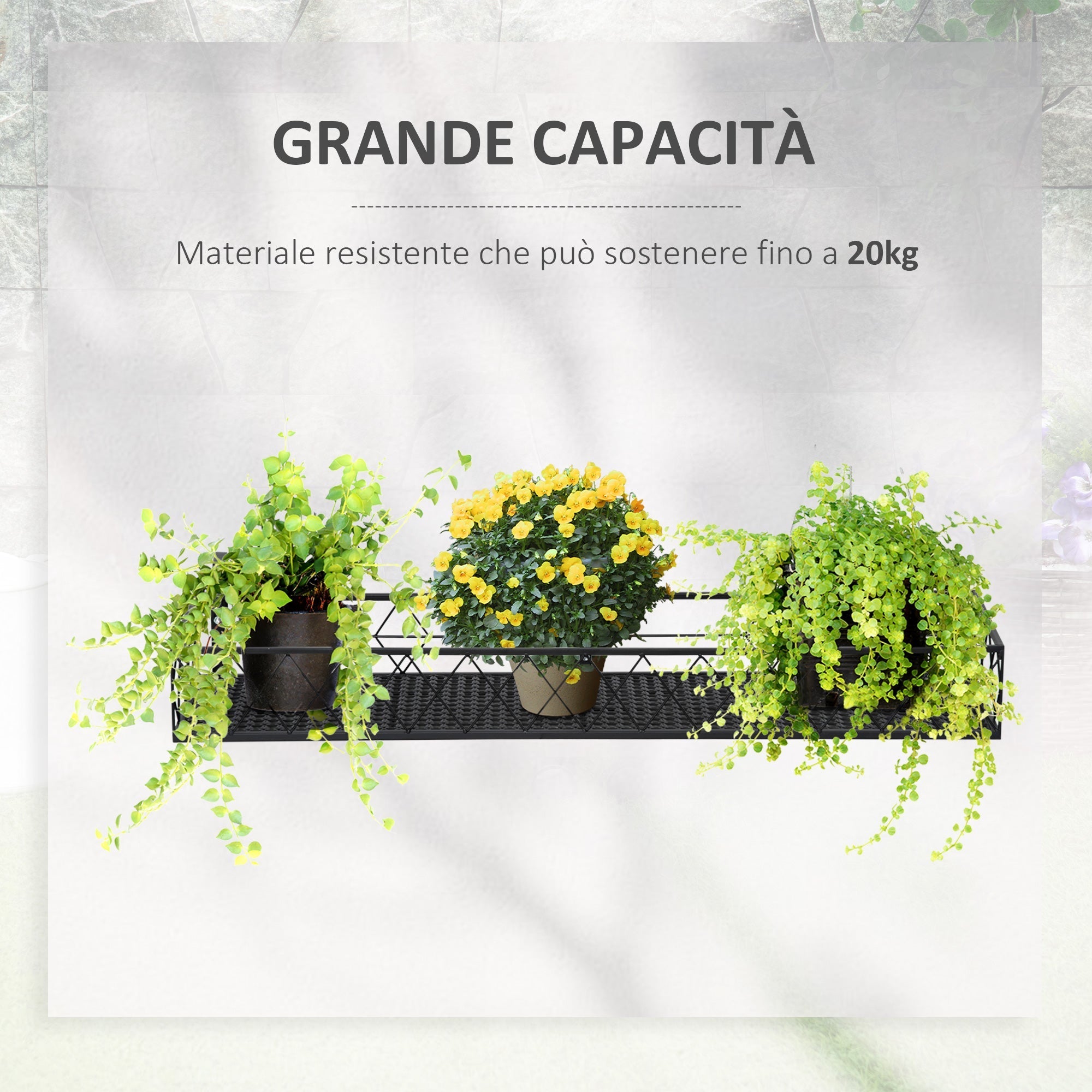 Outdoor Planter Pot Holder with Hooks for Balcony Railing in Metal, 100x31x12cm, Black - Borge' Group Limited