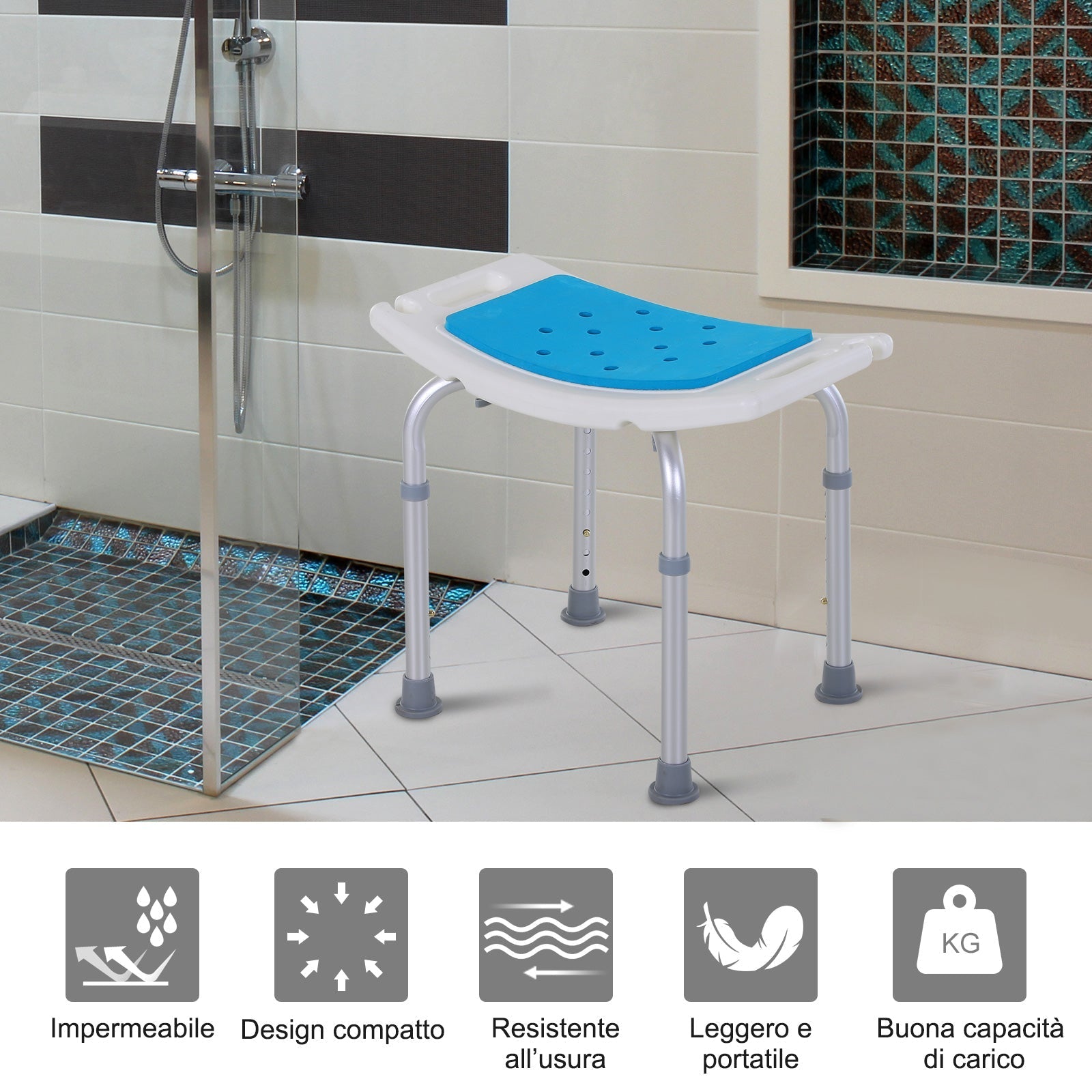 Homcom aluminum shower stool and non -slip plastic, adjustable heights - Borgè