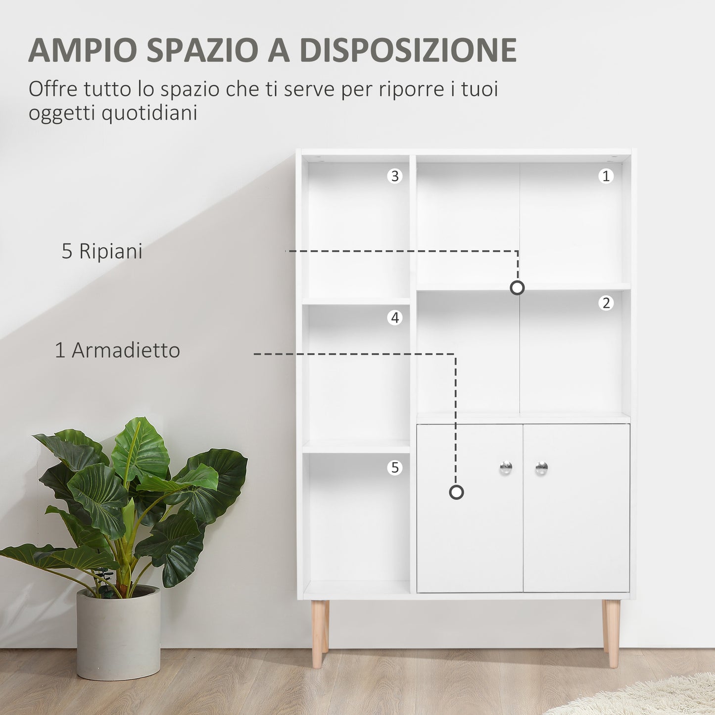 Homcom Cabinet Library with White Pine Wooden Feet 80x23.5x123cm - Borgè