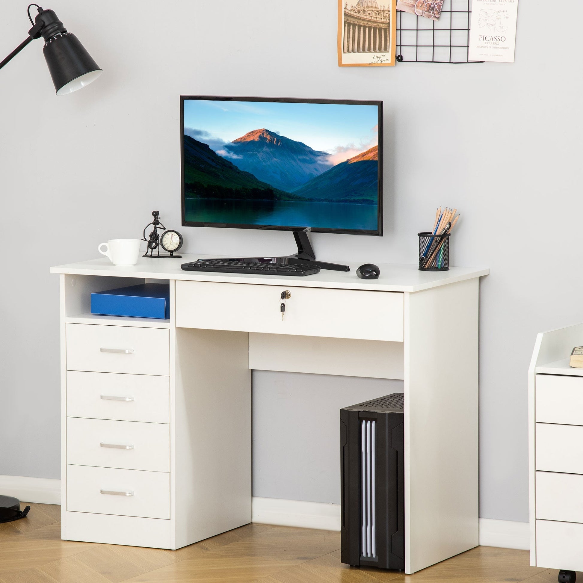 desk for room or wooden office with 2 drawers and 2 keys, 110x50x76cm - white - Borgè