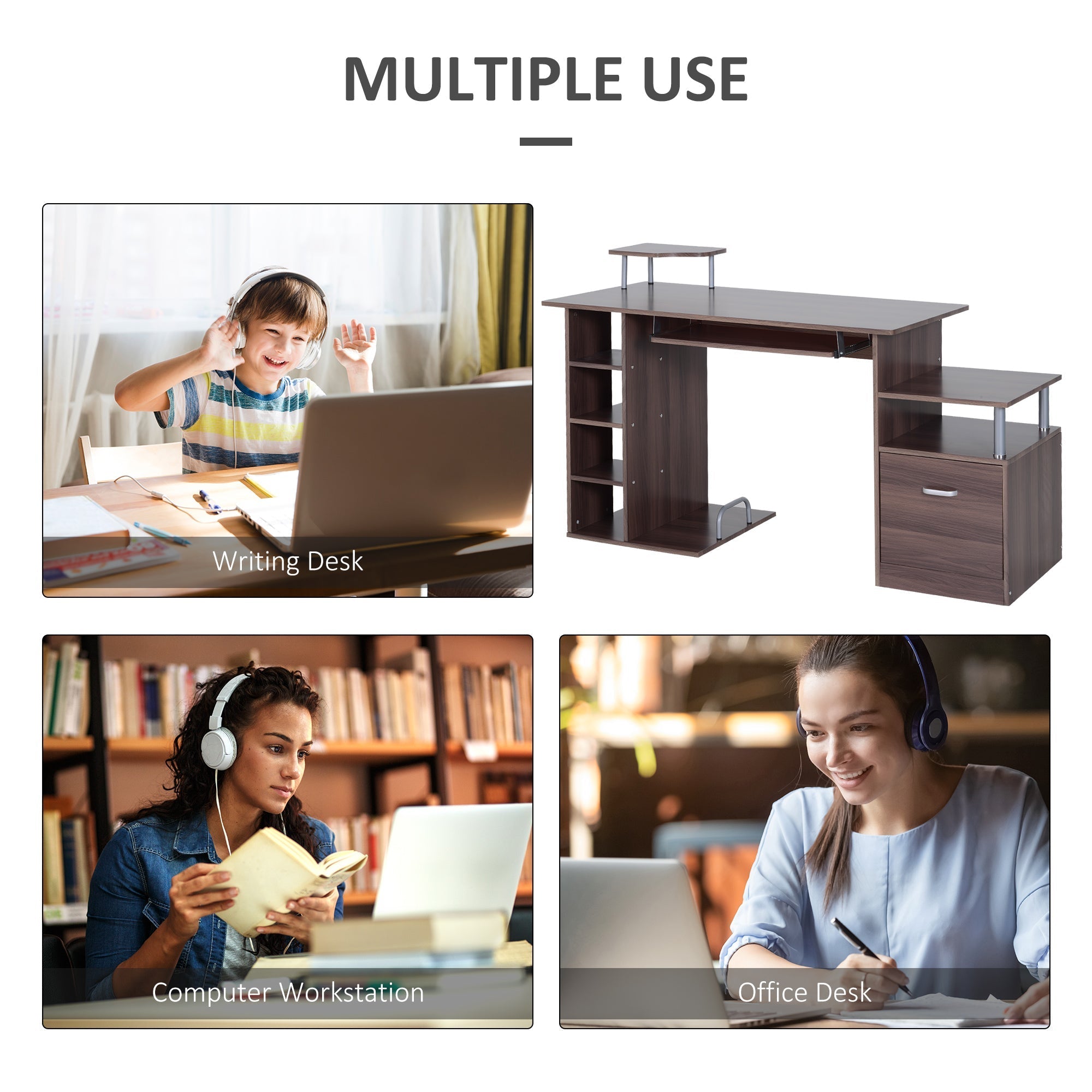 Desk for Chamber and Office with drawer and wooden shelf, 152x60x88cm, brown - Borgè