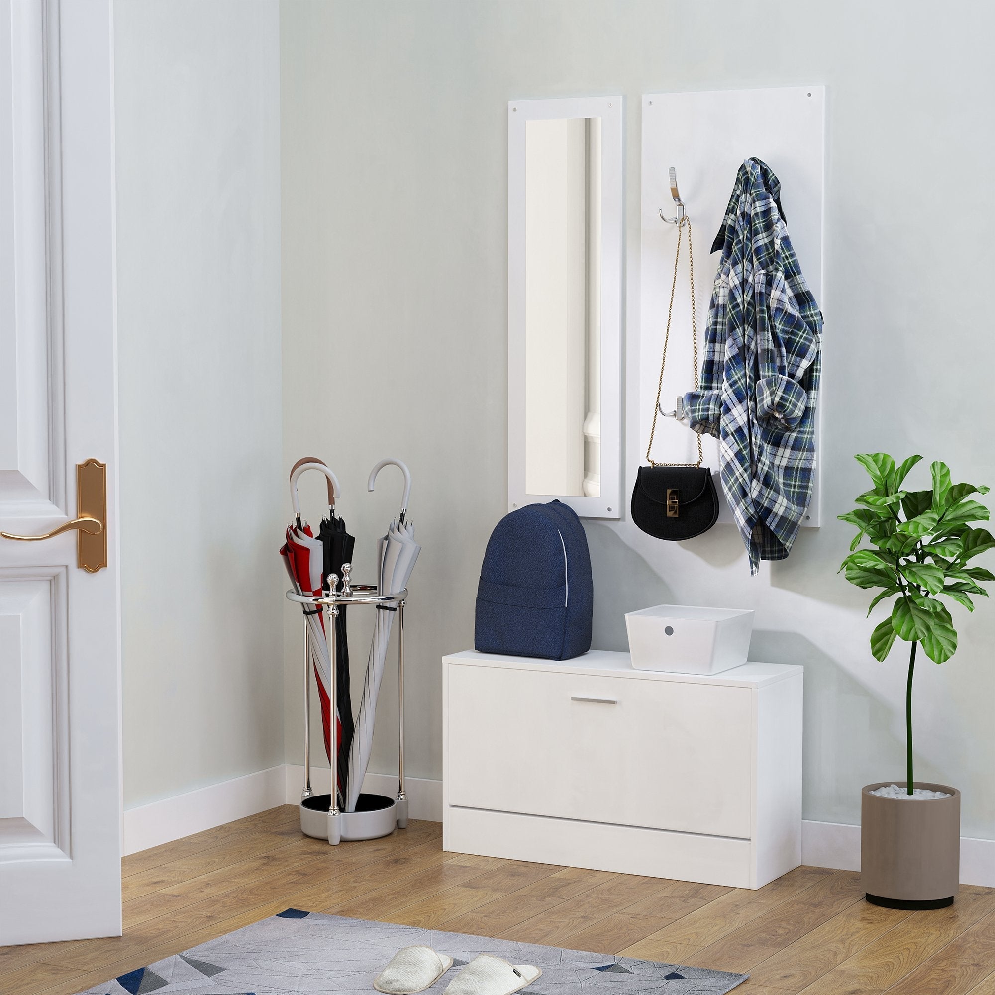 Mobile for wood entrance 3 pieces with shoe rack, hangers and mirror, 80x27x46.5cm - white - Borgè