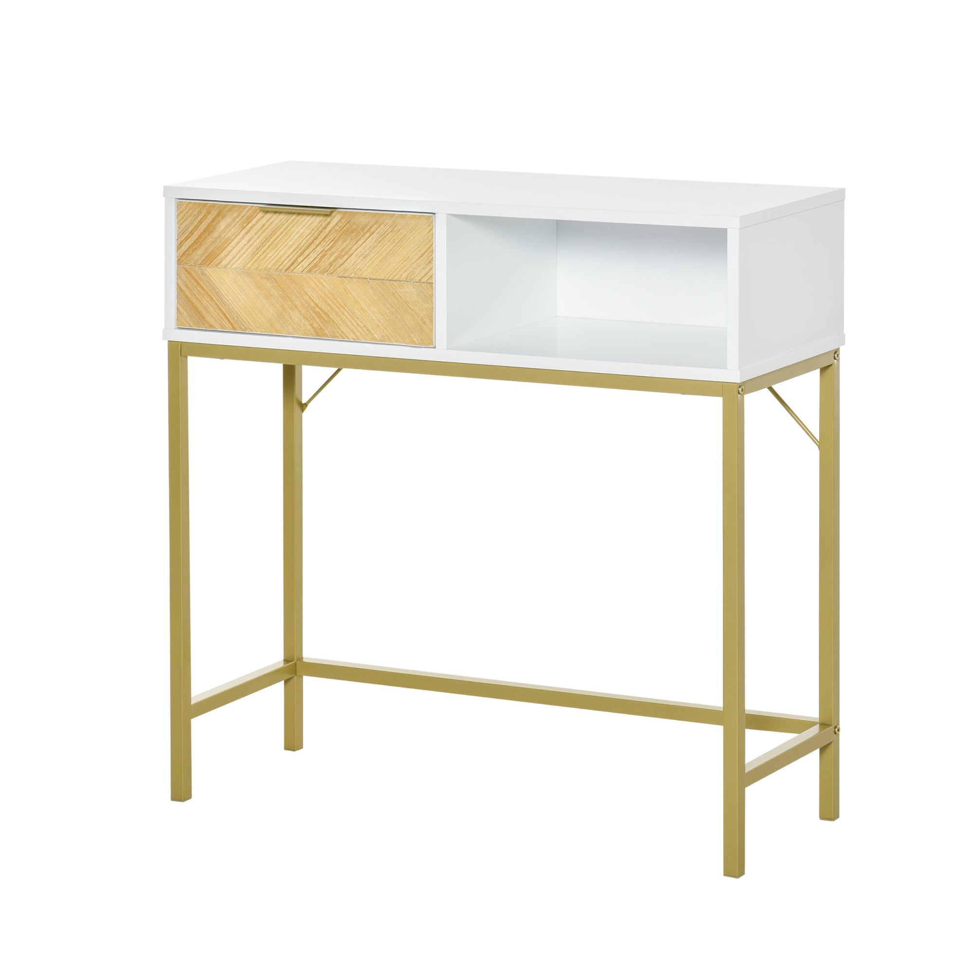 Tavolino Consolle Design Modern White And Gold With Wooden Drawer 80x30x80.5cm - Borgè