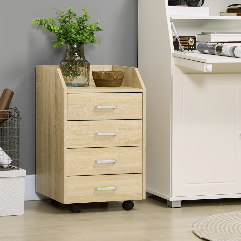 Wooden designer winner with 4 drawers, wheels and raised edges, 40x36x65cm, natural wood - Borgè