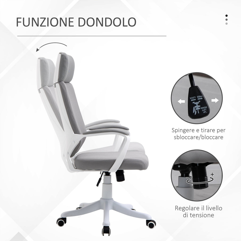 Swivel Office Chair with Headrest, Height-Adjustable Armchair with Rocking Function, 63x65x112-120cm, Light Grey - Borgè
