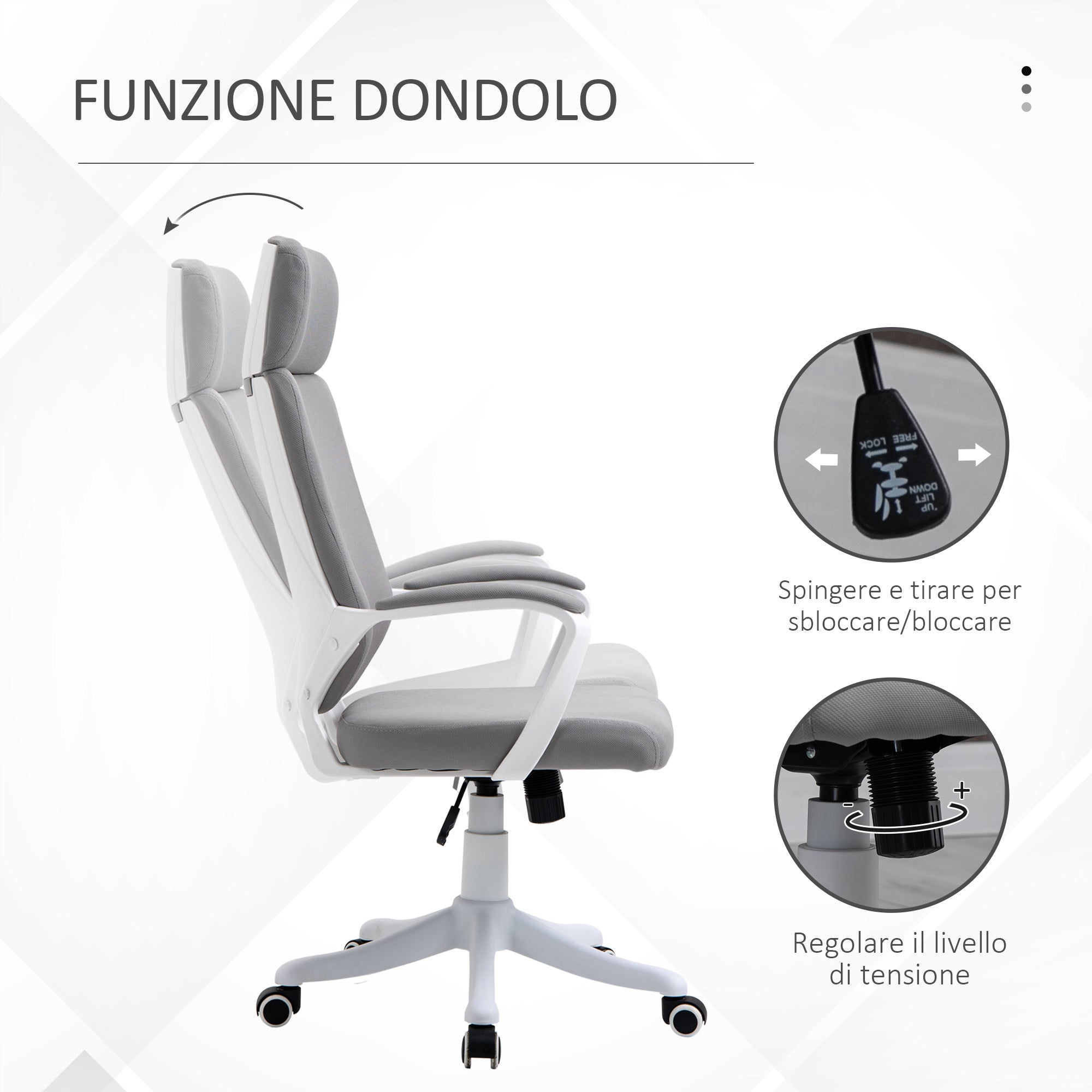 Swivel Office Chair with Headrest, Height-Adjustable Armchair with Rocking Function, 63x65x112-120cm, Light Grey - Borgè