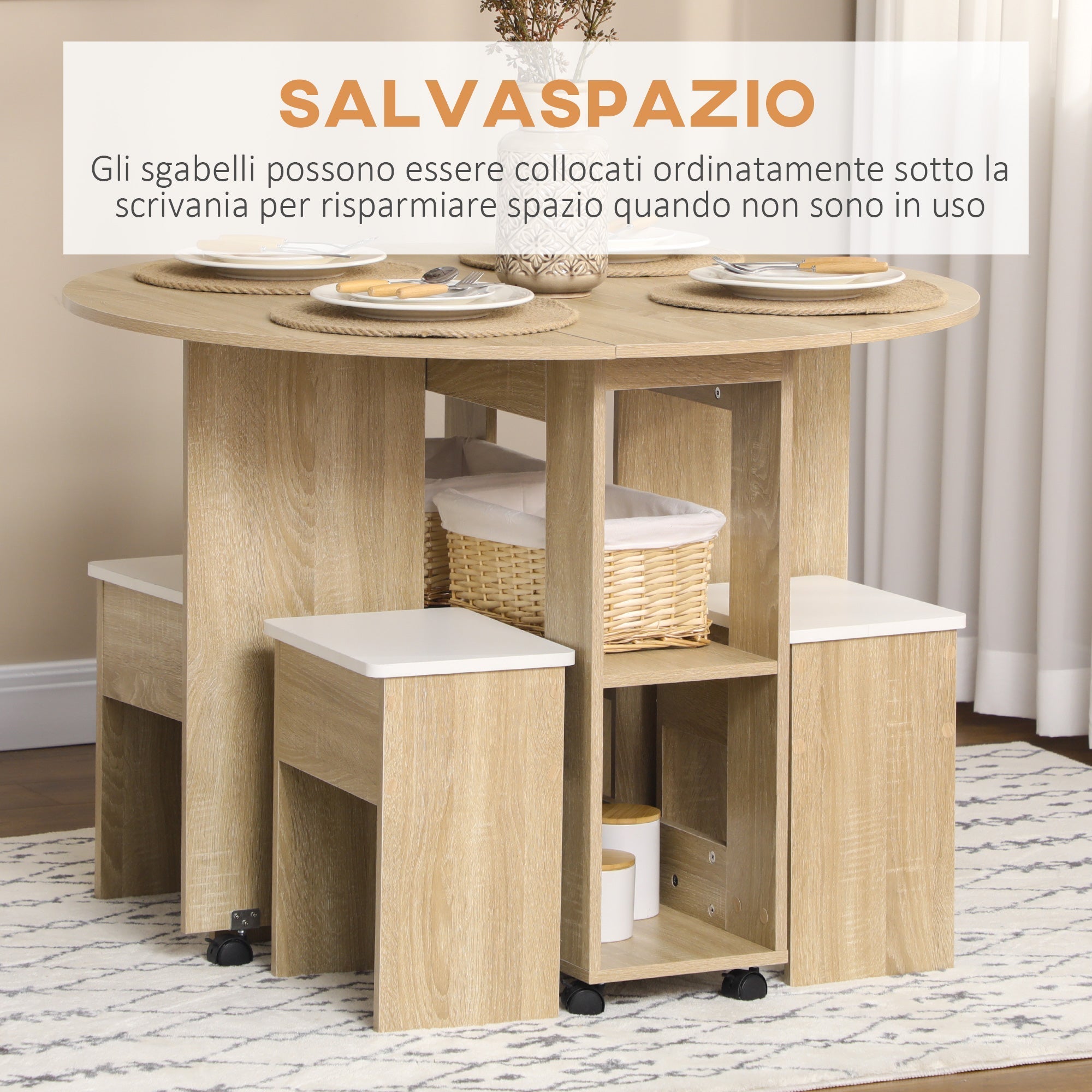 Homcom set table and chairs 5 pieces in chipboard, round table with 2 open shelves and 4 modern stools - Borgè