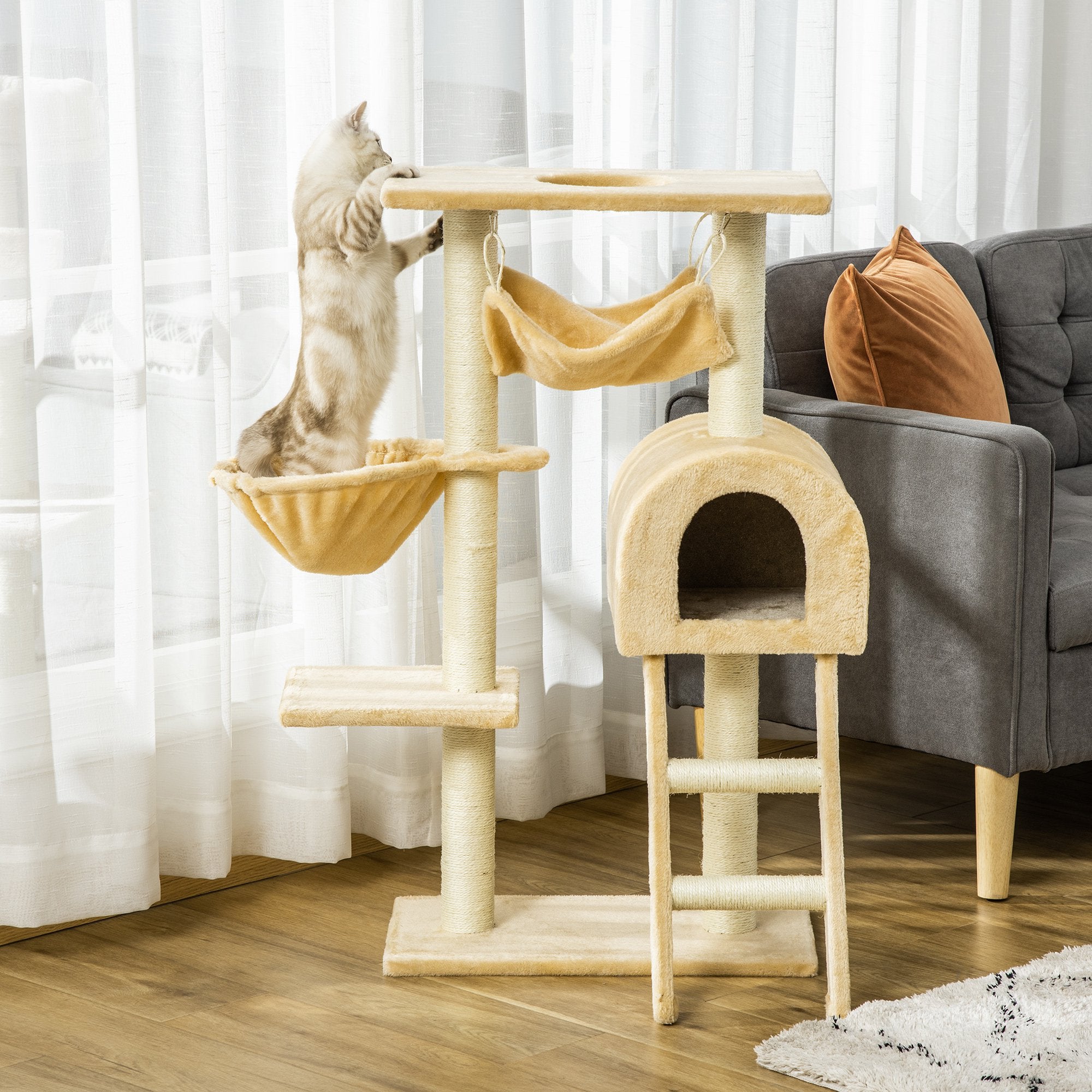 Cat Tree for cats with Scratch Pole , Natural Sisal strings, 55 × 30 × 100cm - Borge' Group Limited