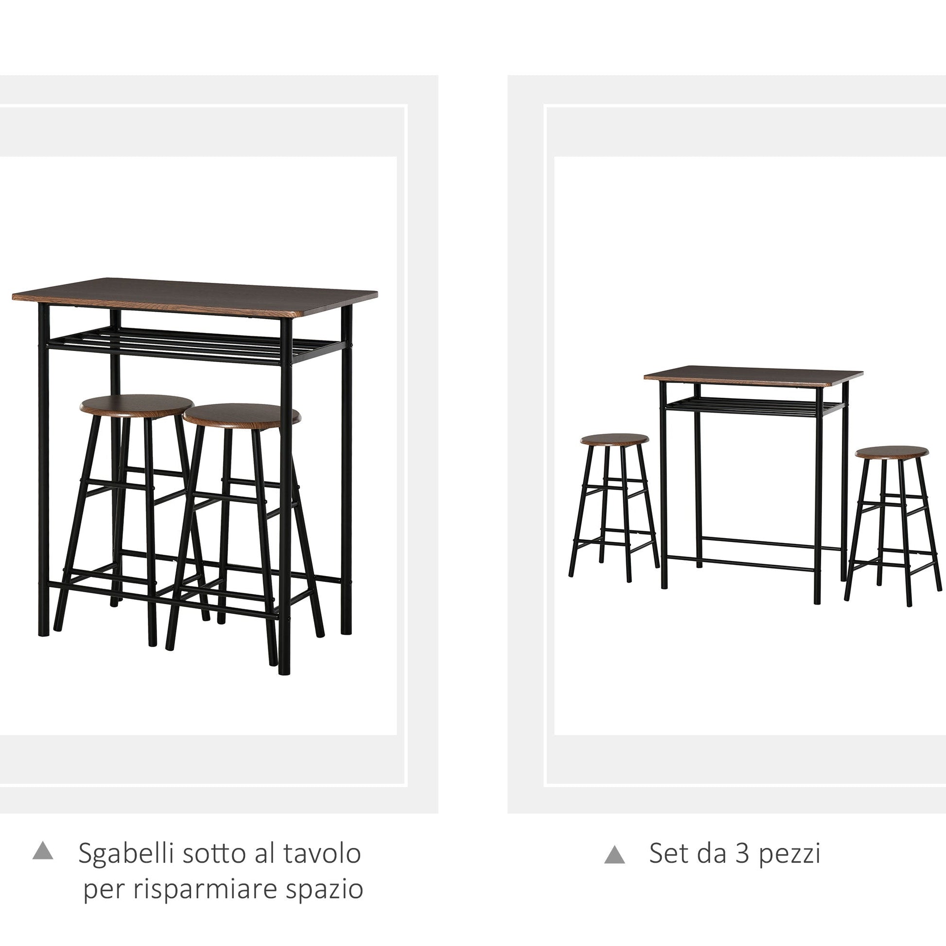 tall table with 2 stools for kitchen bar, footrests and shelf - Borgè