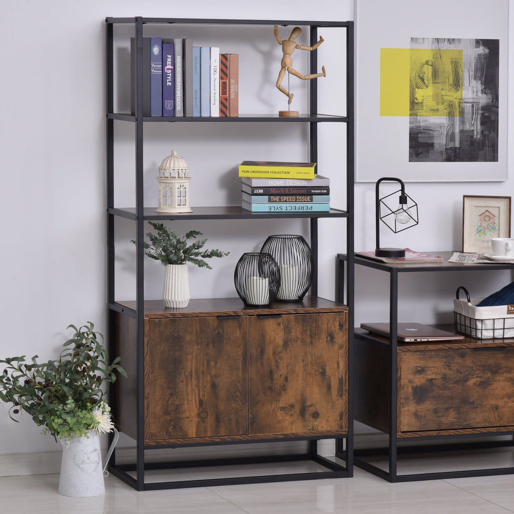 Wall bookcase shelf with doors and 3 wooden and black metal shelves - Borgè