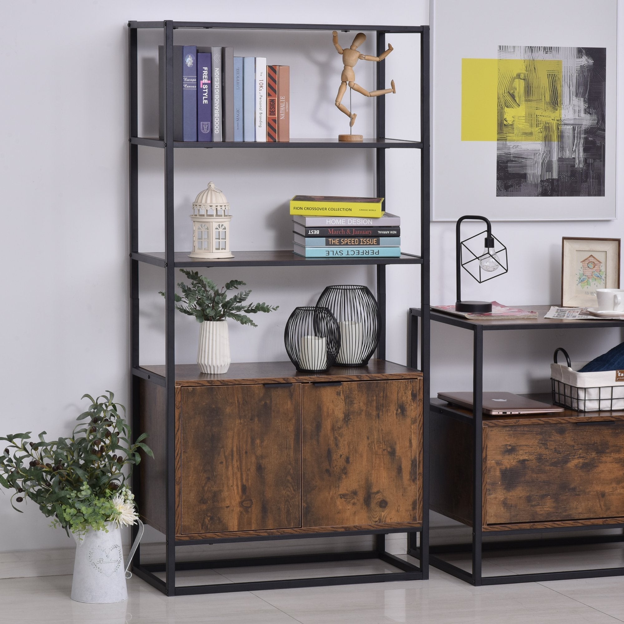 Wall bookcase shelf with doors and 3 wooden and black metal shelves - Borgè