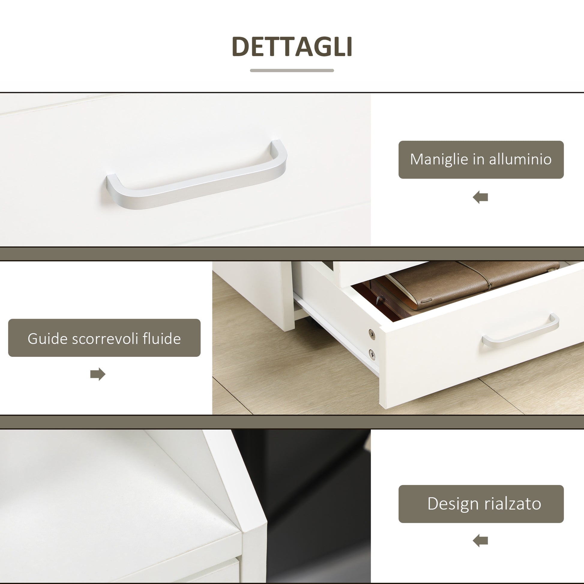 Wooden designer winner with 4 drawers, wheels and raised edges, 40x36x65cm, white - Borgè