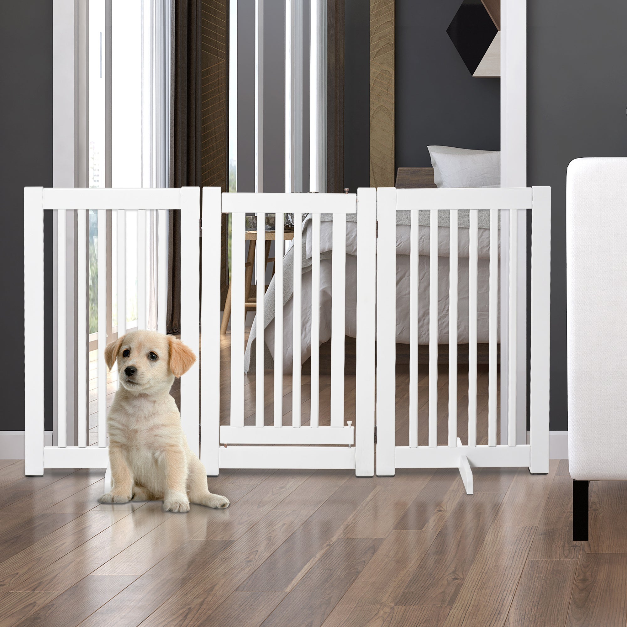 3 Panel Folding Dog Gate, Lockable Central Door, MDF Frame, 155x76cm White - Borge' Group Limited