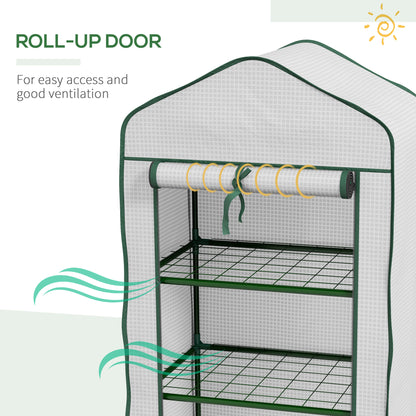 Outsunny mini garden greenhouse with pear coverage, 3 shelves and roller shutters, 59x39x127cm, white - Borgè