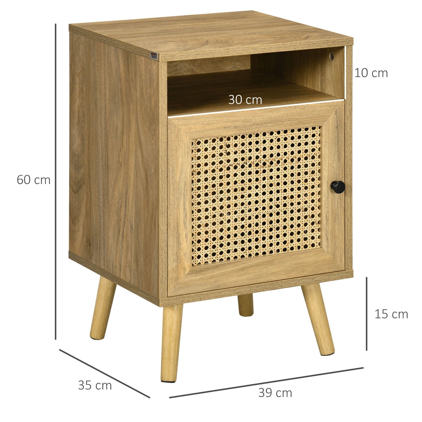 Set 2 modern bedside tables with locker and open shelf, in chipboard and rattan, 39x35x60 cm