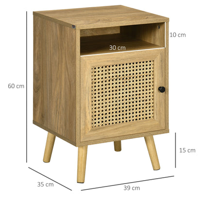 Set 2 modern bedside tables with locker and open shelf, in chipboard and rattan, 39x35x60 cm