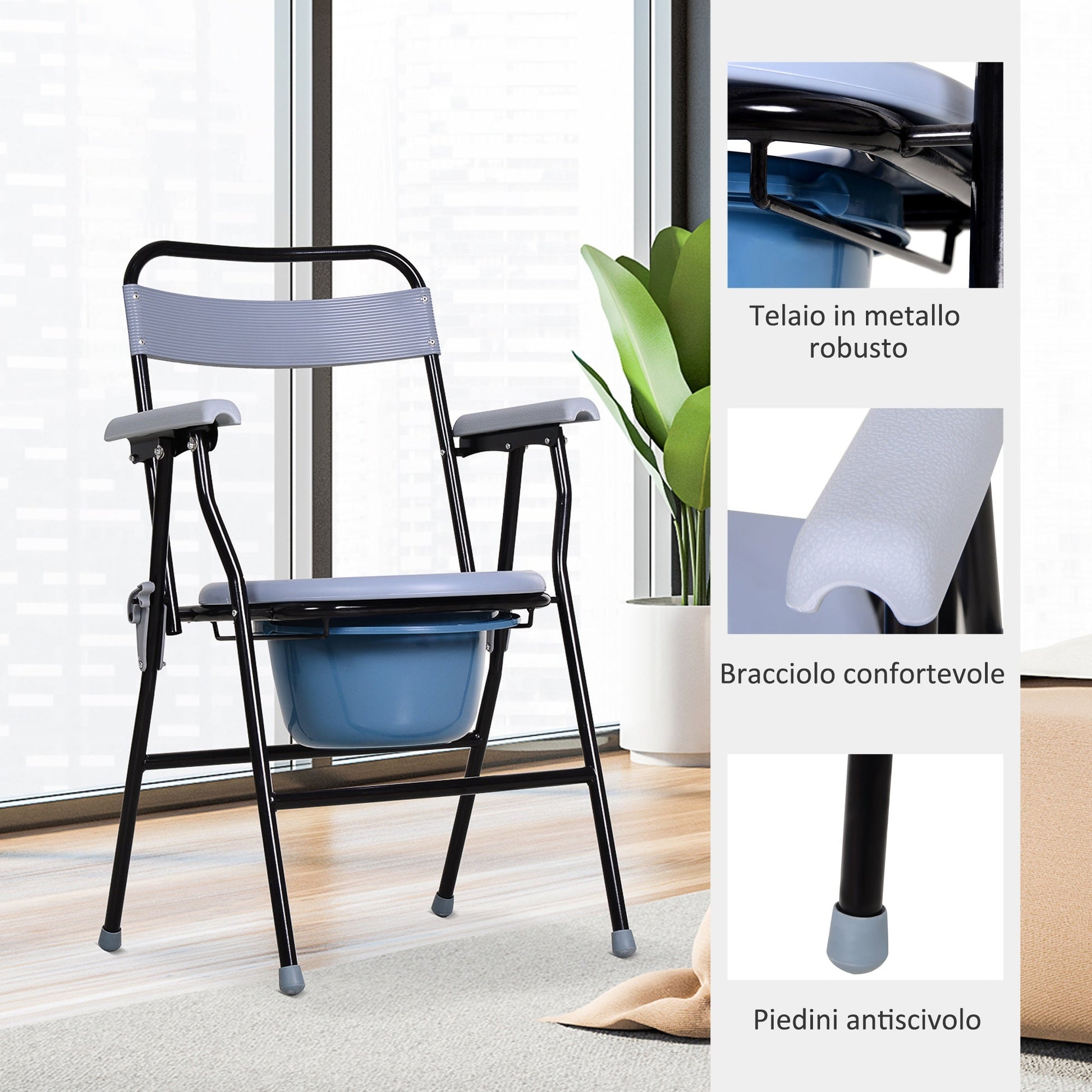 ECARE | Foldable WC chair with removable pot for the elderly and disabled in iron and plastic tubes | 52x50x75cm - Borgè