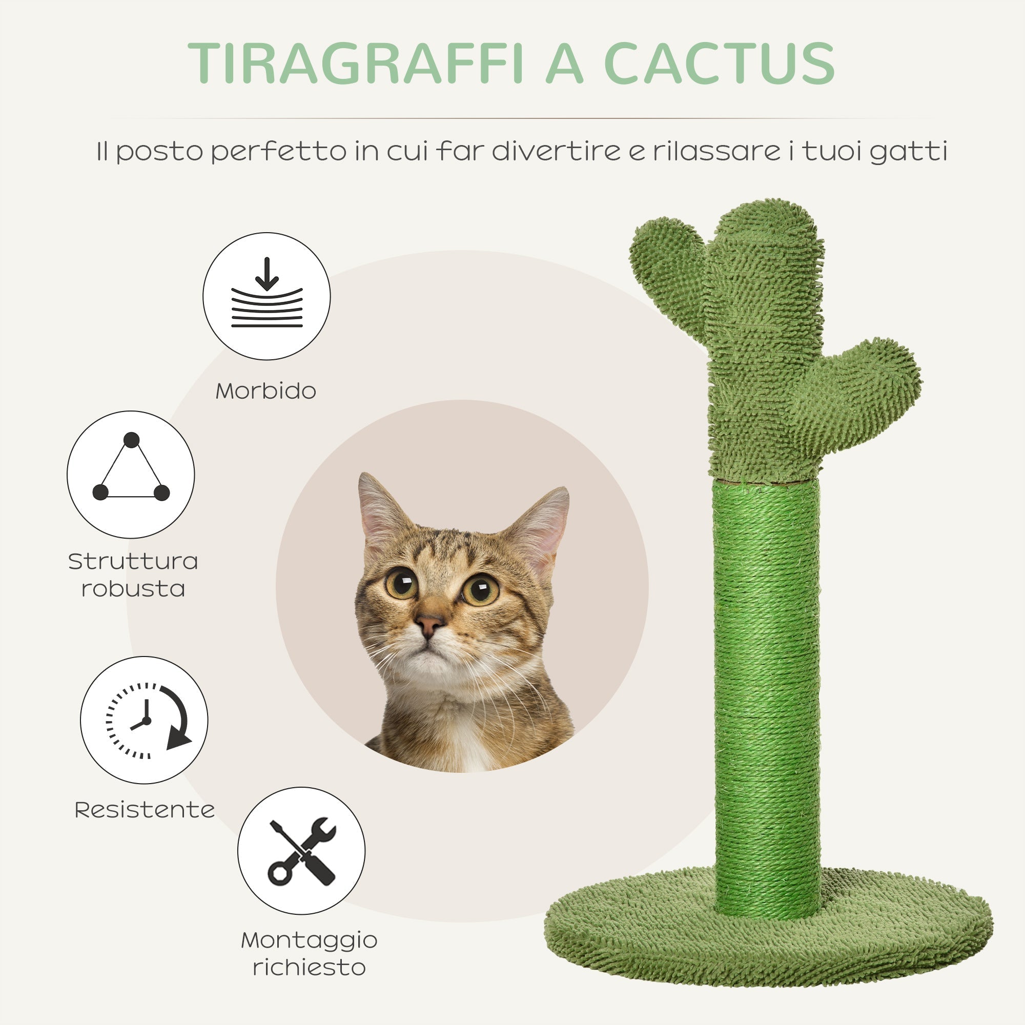 Cactus Cat Tree for cats with Scratch Pole, 40x40x65cm, green - Borge' Group Limited